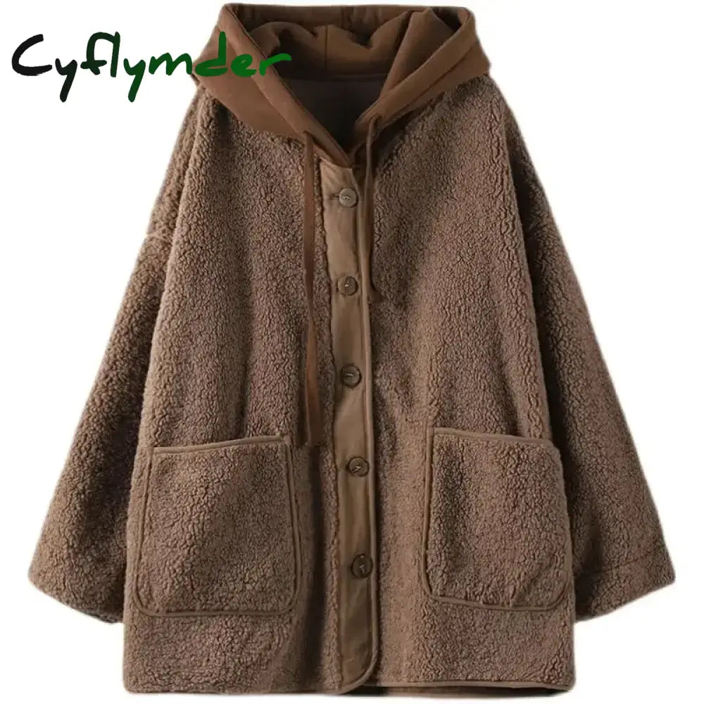 Cyflymder Lamb Wool Fleece Hooded Cotton-padded Jacket Coat Autumn Winter Women Clothes Patchwork Oversize Warm Fake