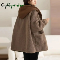 Cyflymder Lamb Wool Fleece Hooded Cotton-padded Jacket Coat Autumn Winter Women Clothes Patchwork Oversize Warm Fake