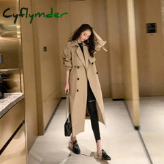 Cyflymder Lapel Women Trench Coat Topcoat Double-Breasted Casual Pure Color Autumn Winter