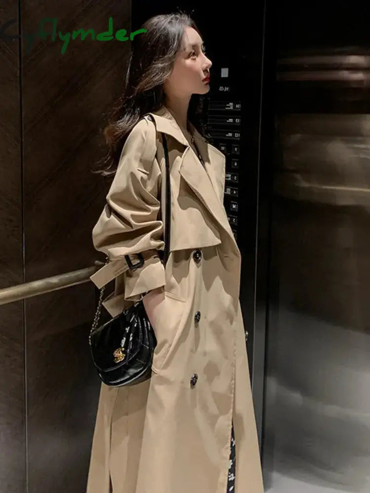 Cyflymder Lapel Women Trench Coat Topcoat Double-Breasted Casual Pure Color Autumn Winter