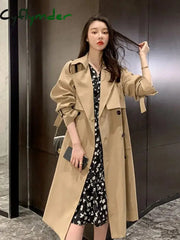 Cyflymder Lapel Women Trench Coat Topcoat Double-Breasted Casual Pure Color Autumn Winter