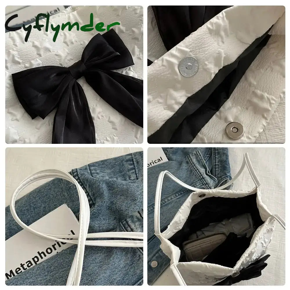 Cyflymder Large Capacity Bow Handbag Fashion Reusable Korean Style Shoulder Bags Canvas Bag