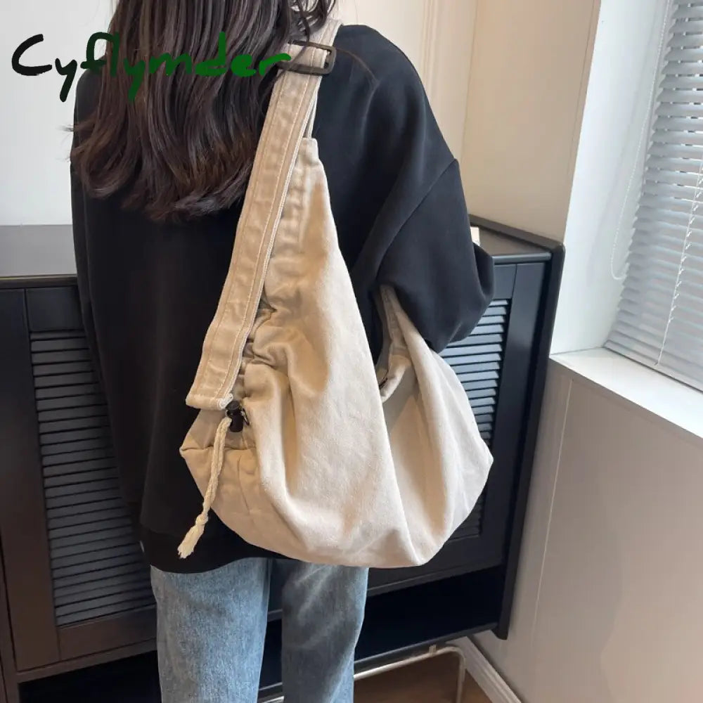 Cyflymder Large Capacity Canvas Shoulder Bag For Women College Student Book Fashion Travel Shopping