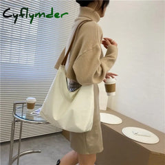 Cyflymder Large Capacity Canvas Shoulder Bag For Women New Shopping Bags Solid Color Vintage Tote