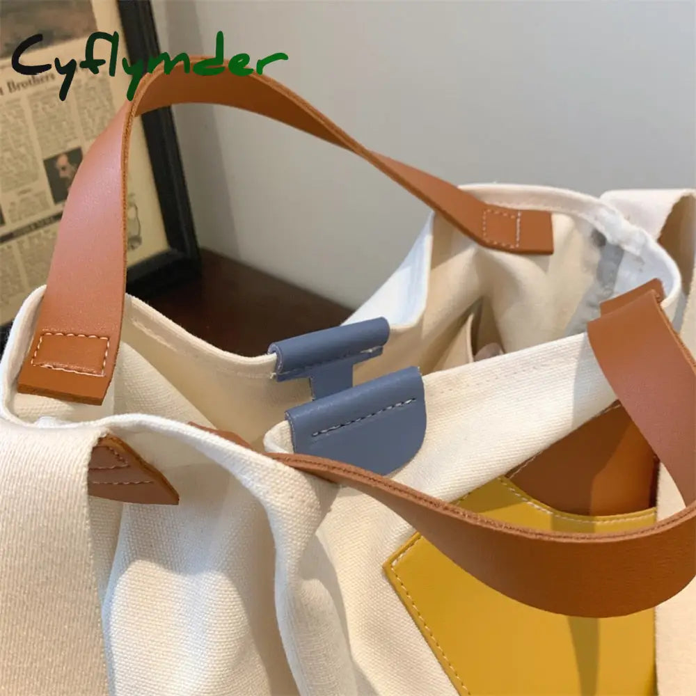 Cyflymder Large Capacity Canvas Tote Bags For Women New Contrast Color Bucket Travel Bag Simple