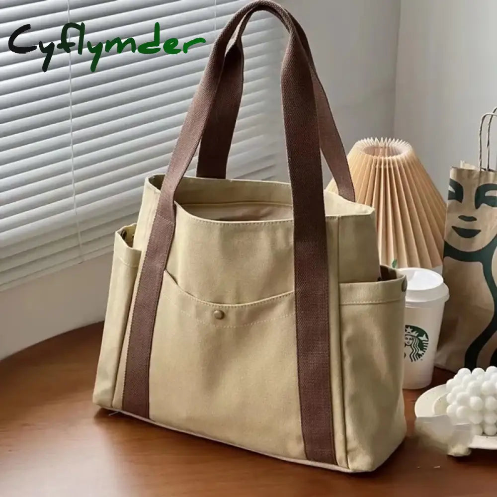 Cyflymder Large Capacity Canvas Tote Bags For Work Commuting Carrying Handbag College Style Student Outfit Book