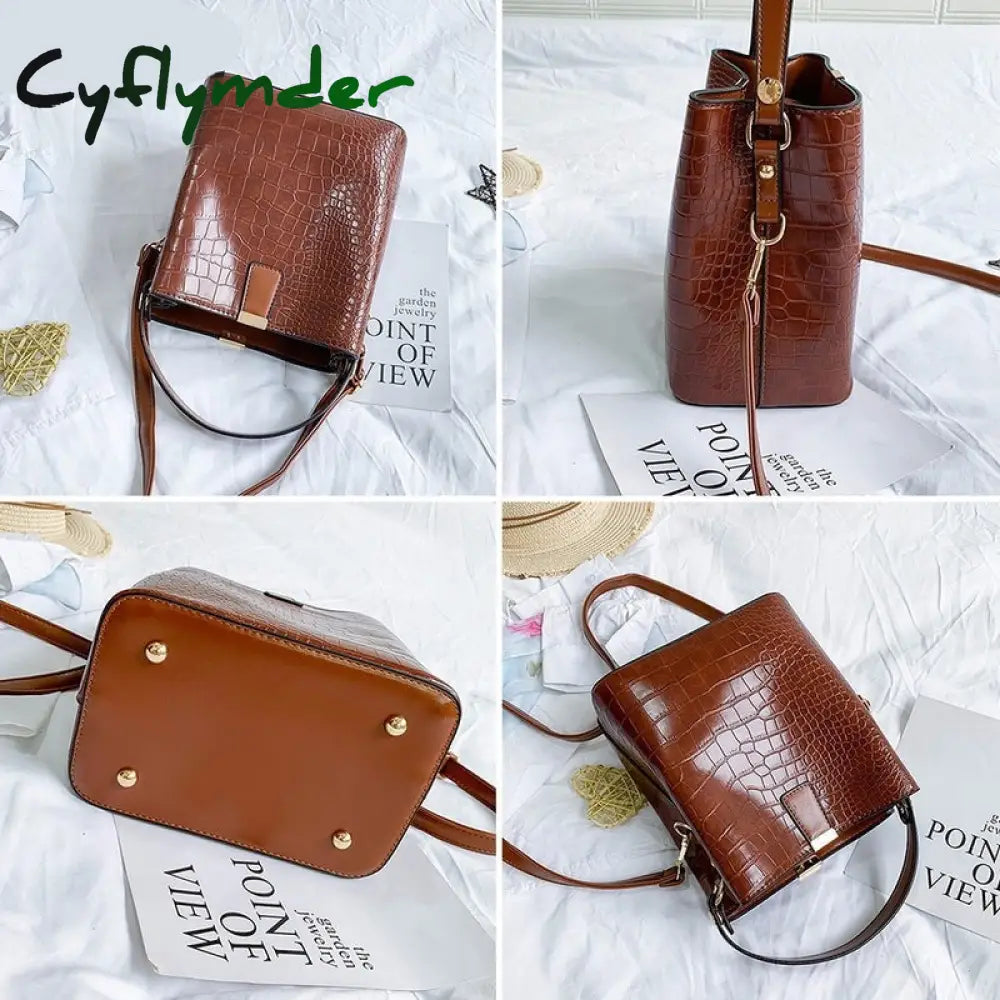 Cyflymder Large Capacity Casual Shoulder Messenger Bags Ladies Pu Purse Retro Alligator Bucket