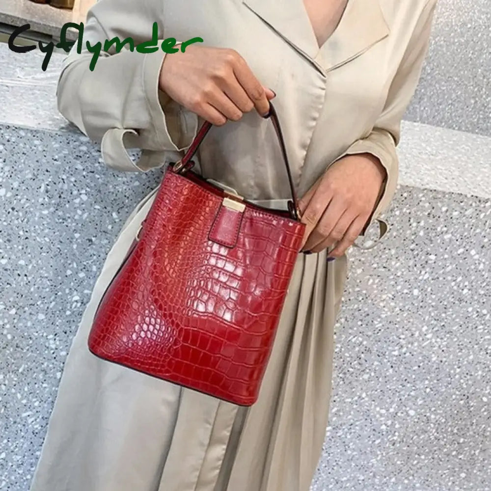 Cyflymder Large Capacity Casual Shoulder Messenger Bags Ladies Pu Purse Retro Alligator Bucket