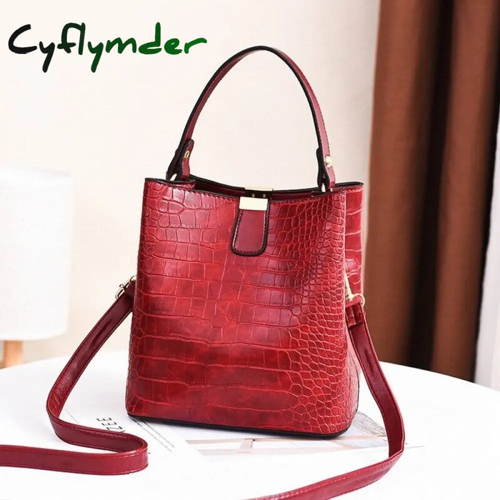 Cyflymder Large Capacity Casual Shoulder Messenger Bags Ladies Pu Purse Retro Alligator Bucket