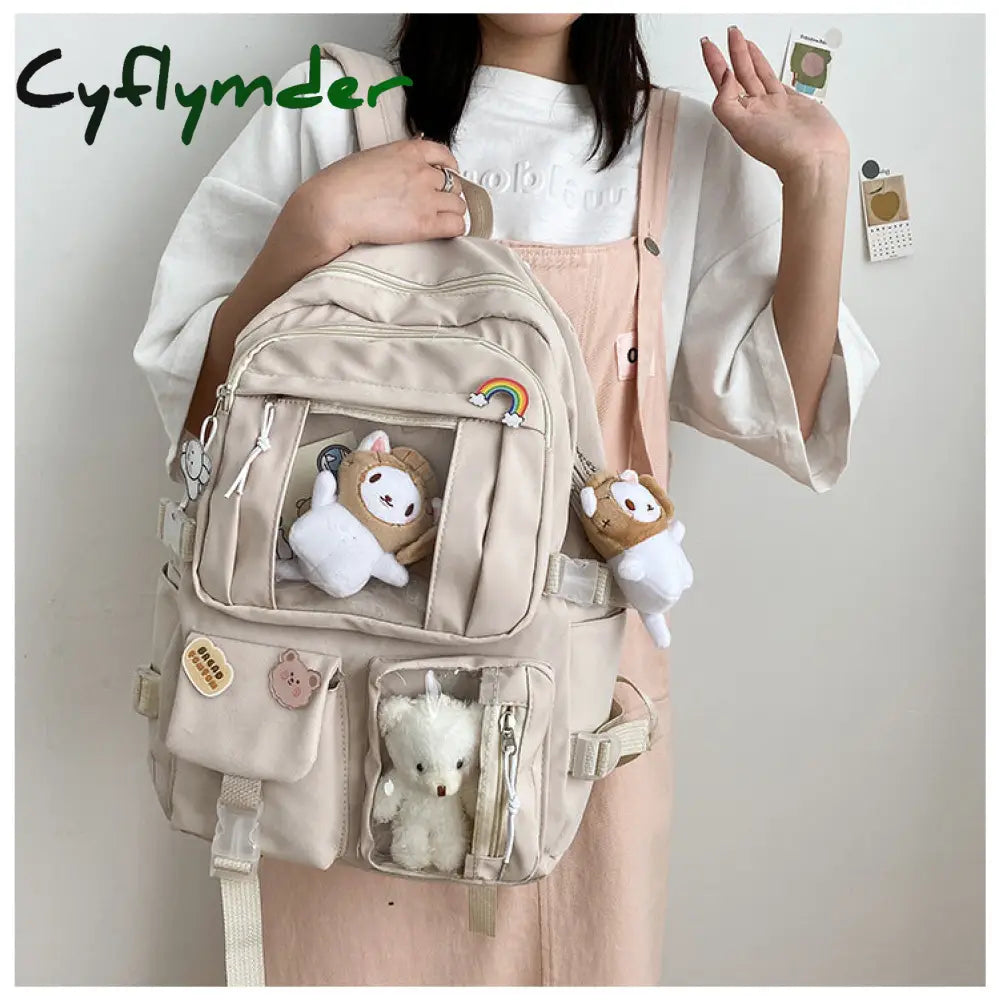 Cyflymder Large-Capacity Cute Women Multi-Pocket Nylon Backpack Ins Junior High School Student Bag