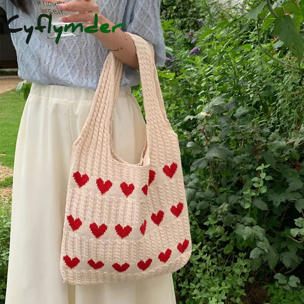 Cyflymder Large Capacity Knitted Shoulder Bag Women Sweet Heart Hollow Tote Shopping Ladies Simple