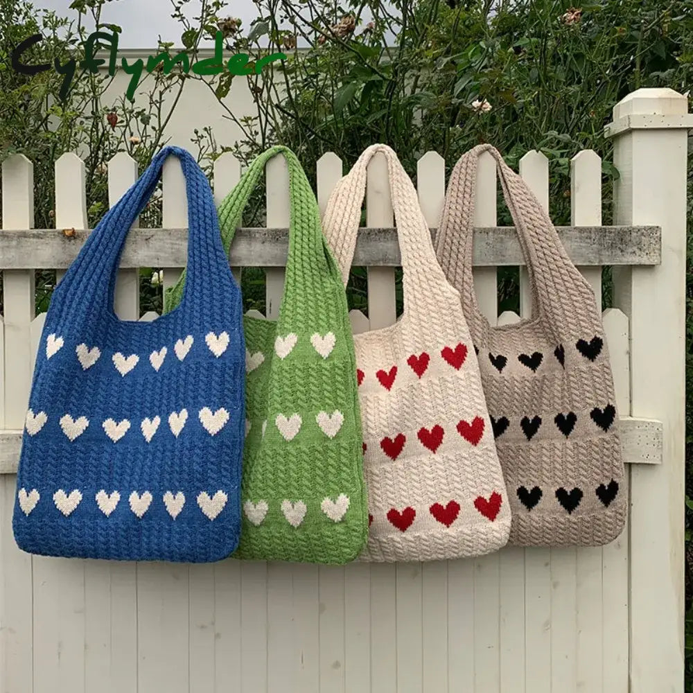 Cyflymder Large Capacity Knitted Shoulder Bag Women Sweet Heart Hollow Tote Shopping Ladies Simple