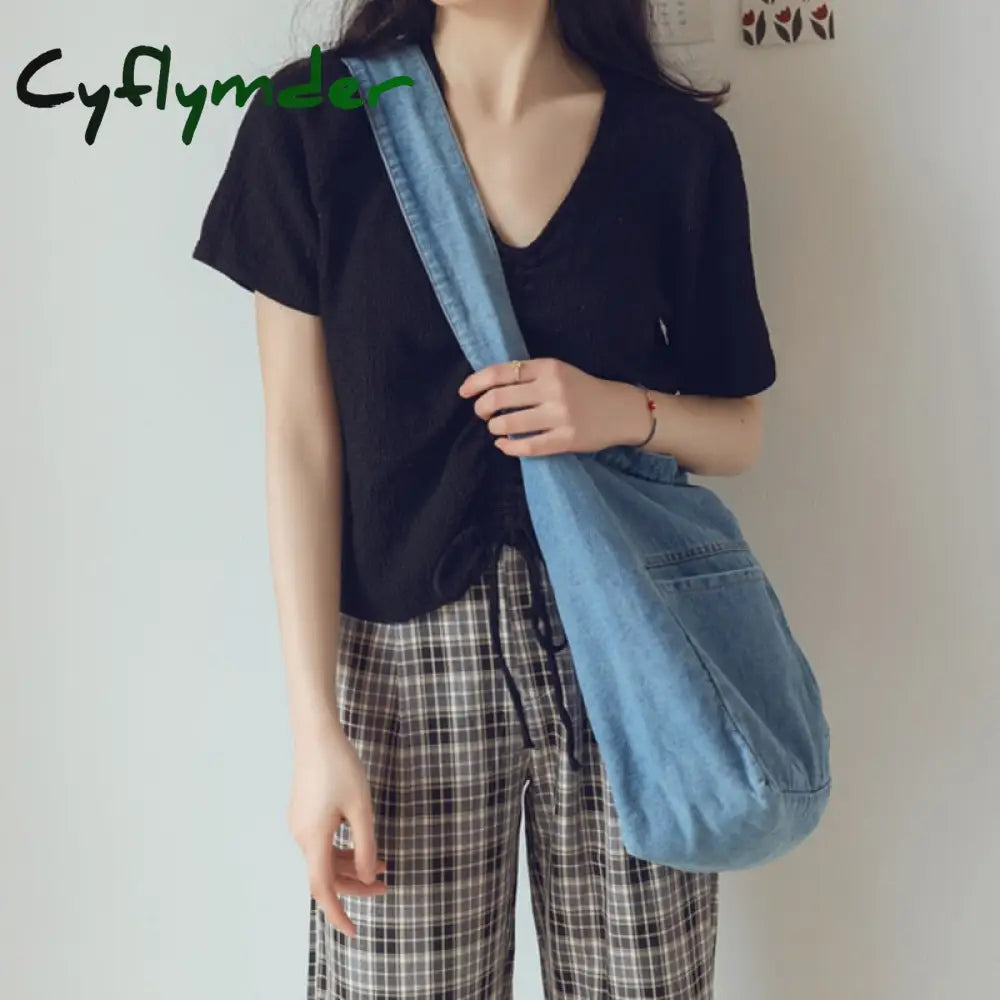 Cyflymder Large Capacity Ladies Shopping Bag Solid Color Women’s Grocery Fashion Denim Shoulder