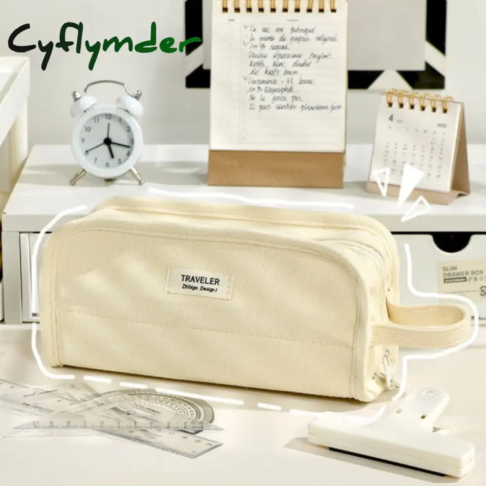 Cyflymder Large Capacity Pencil Bag Stationery Holder Box Canvas Pen Case With Handle Zipper Pouch