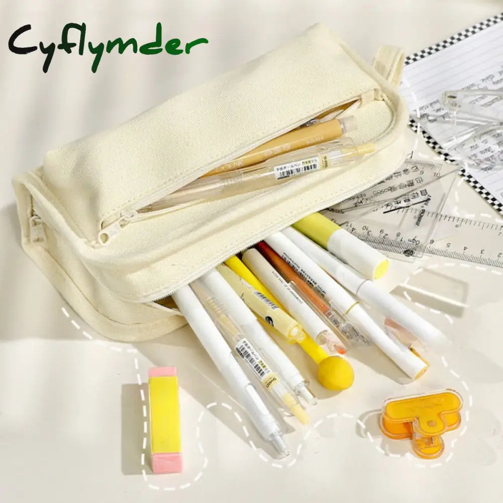 Cyflymder Large Capacity Pencil Bag Stationery Holder Box Canvas Pen Case With Handle Zipper Pouch