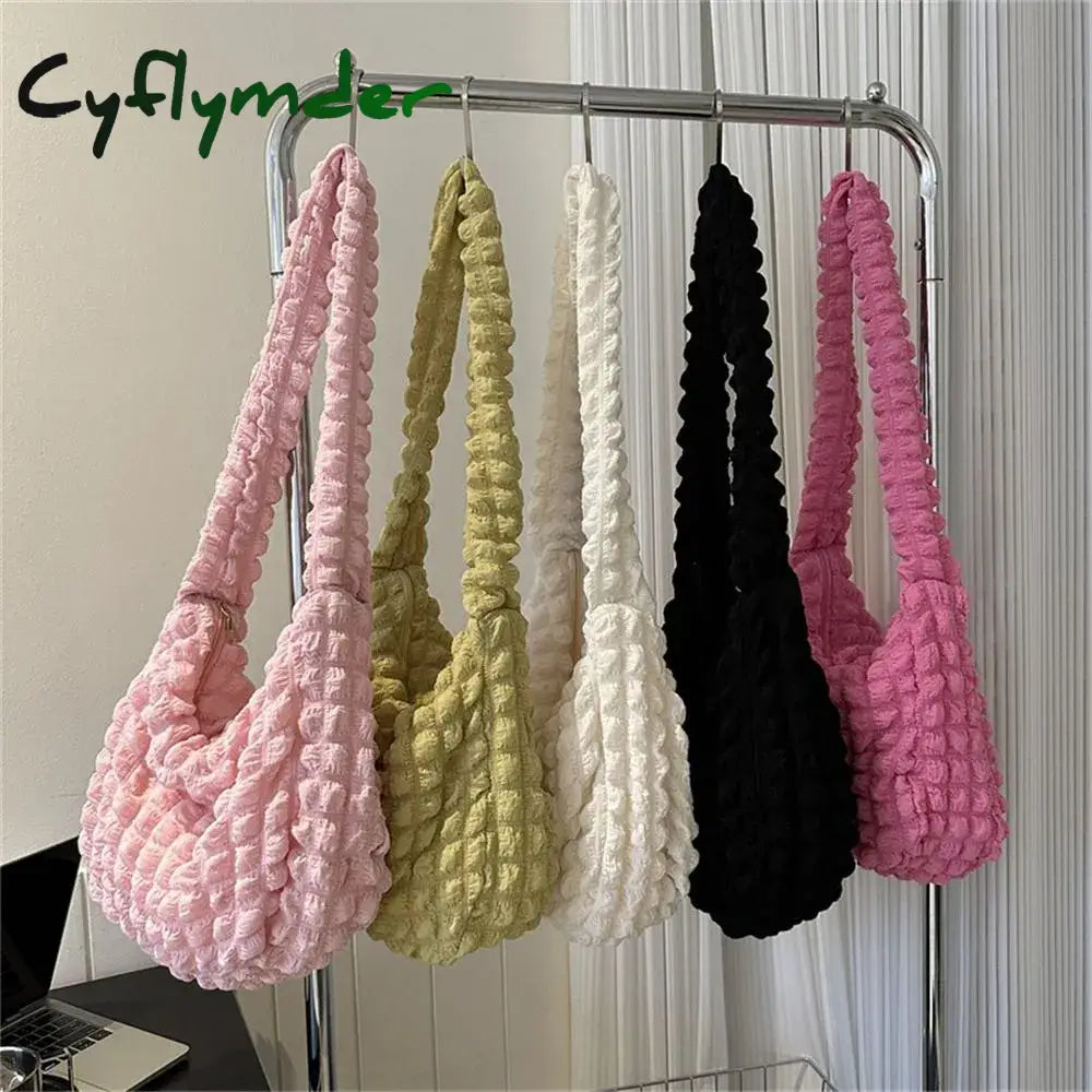 Cyflymder Large Capacity Shoulder Bag Embroidered Plaid Quilted Crossbody Underarm Tote Pleated