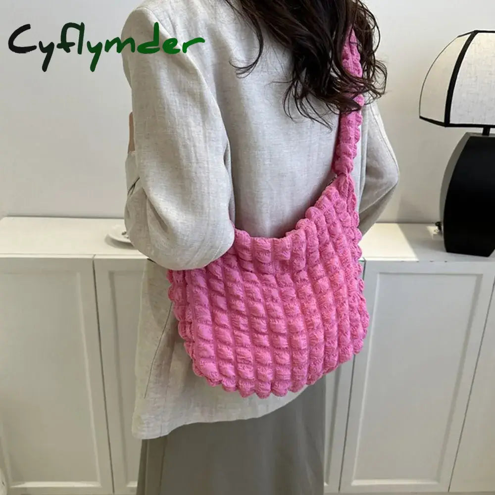 Cyflymder Large Capacity Shoulder Bag Embroidered Plaid Quilted Crossbody Underarm Tote Pleated