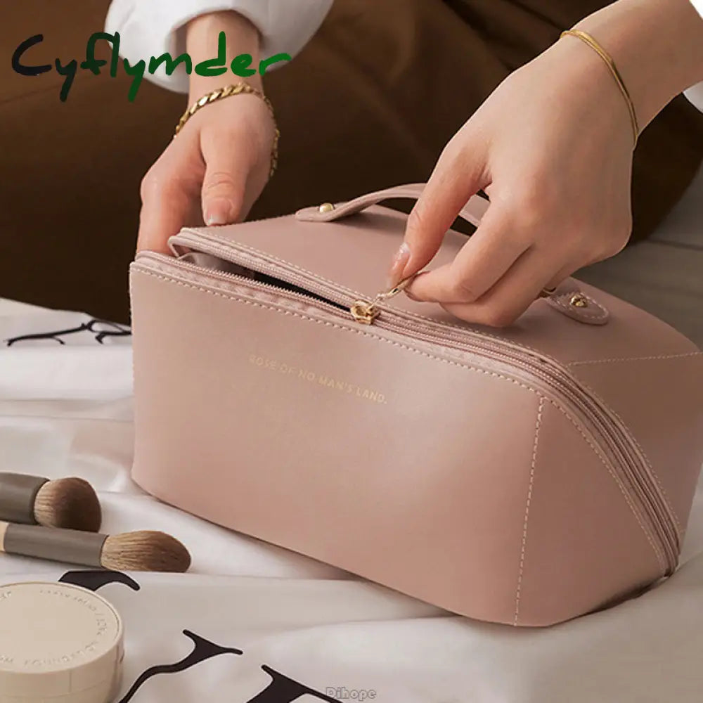 Cyflymder Large-Capacity Travel Cosmetic Bag Portable Leather Makeup Pouch Women Waterproof