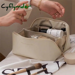 Cyflymder Large-Capacity Travel Cosmetic Bag Portable Leather Makeup Pouch Women Waterproof