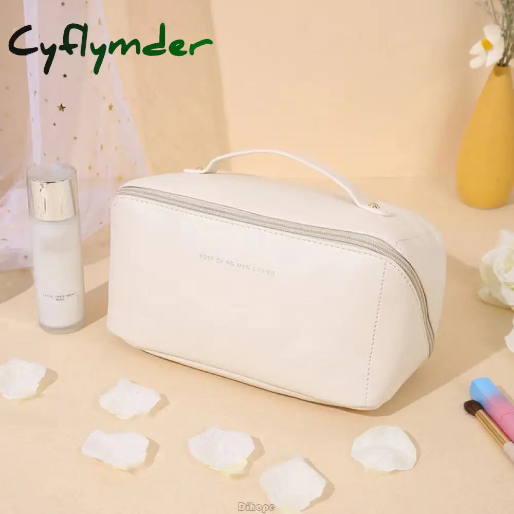 Cyflymder Large-Capacity Travel Cosmetic Bag Portable Leather Makeup Pouch Women Waterproof