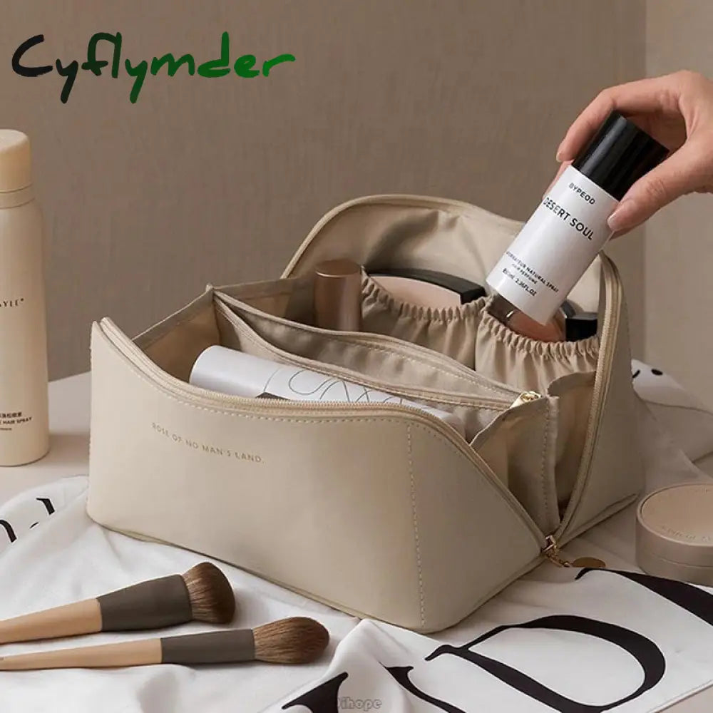 Cyflymder Large-Capacity Travel Cosmetic Bag Portable Leather Makeup Pouch Women Waterproof