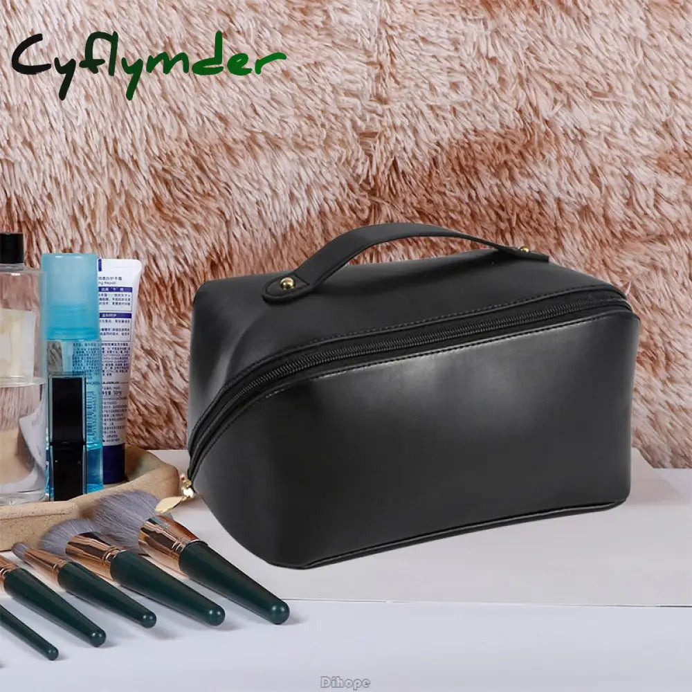 Cyflymder Large-Capacity Travel Cosmetic Bag Portable Leather Makeup Pouch Women Waterproof