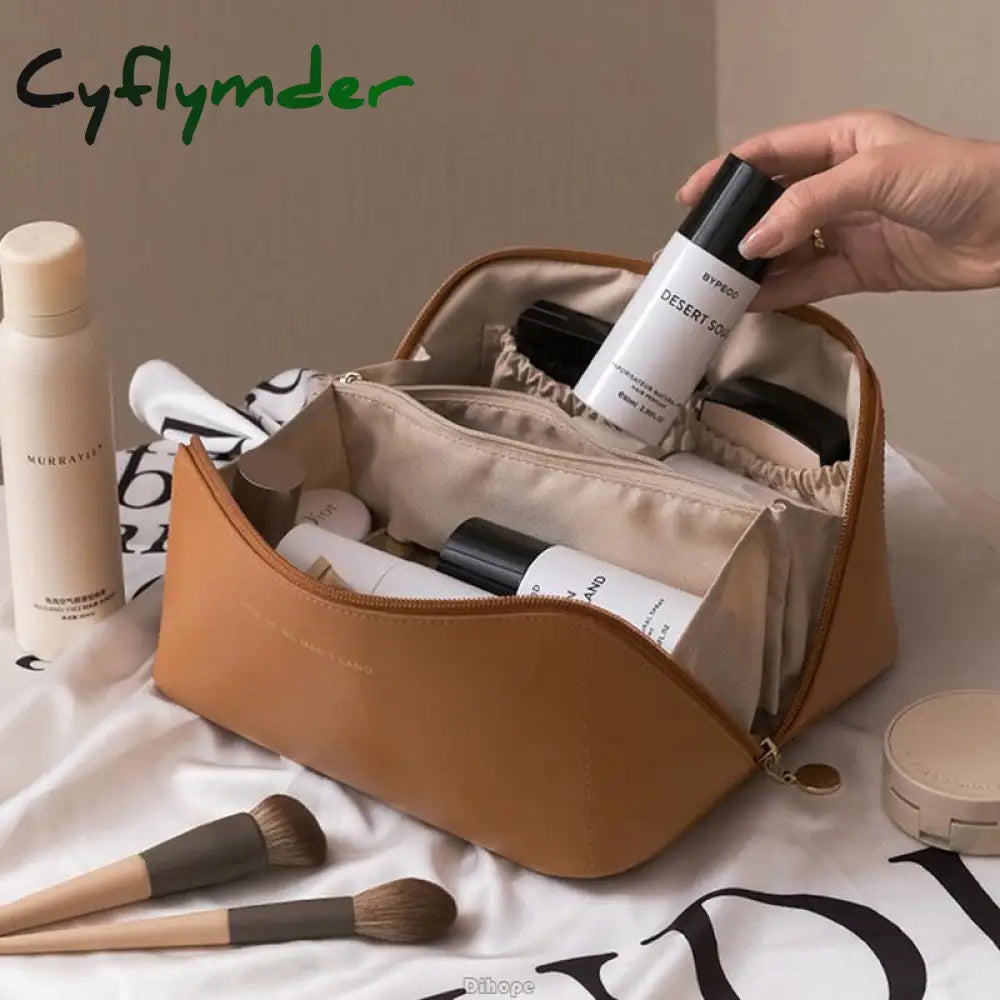 Cyflymder Large-Capacity Travel Cosmetic Bag Portable Leather Makeup Pouch Women Waterproof