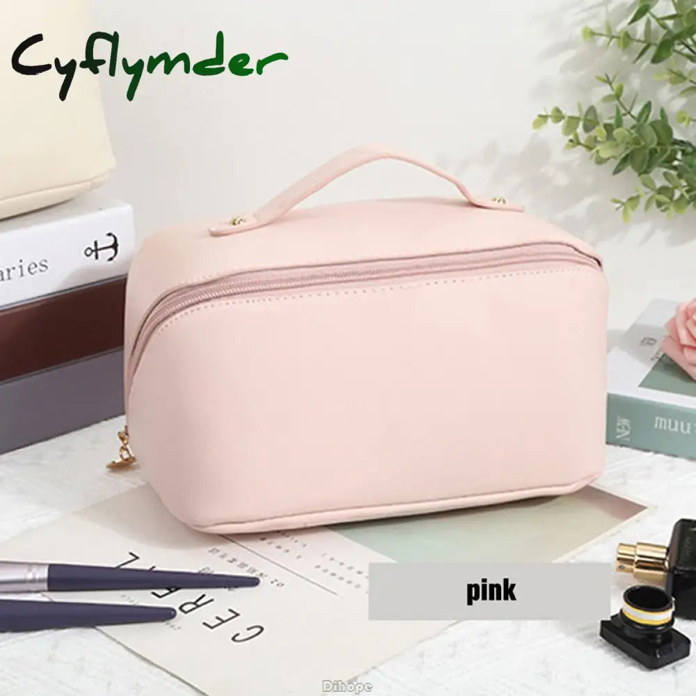 Cyflymder Large-Capacity Travel Cosmetic Bag Portable Leather Makeup Pouch Women Waterproof