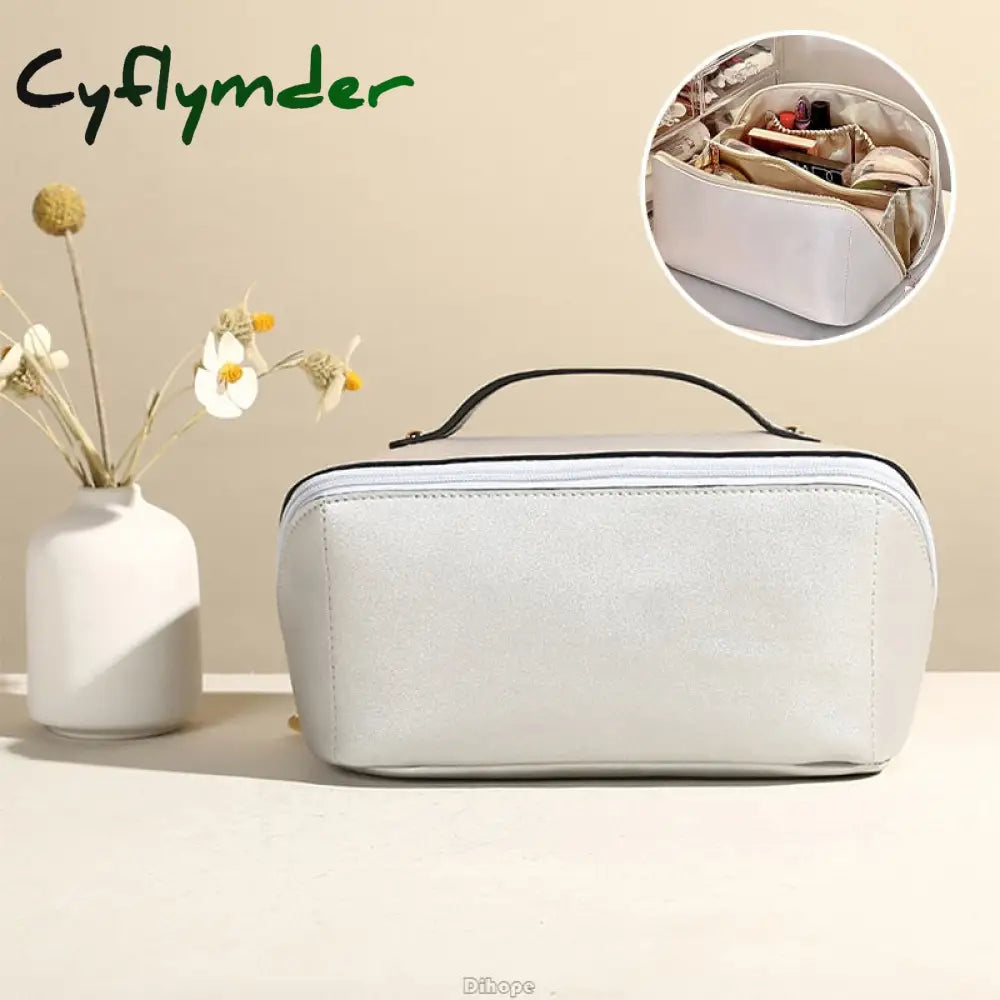 Cyflymder Large-Capacity Travel Cosmetic Bag Portable Leather Makeup Pouch Women Waterproof