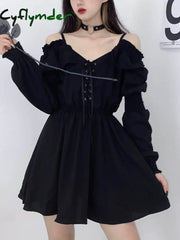 Cyflymder Large Size Gothic Women Black Mini Dress Sexy Off Shoulder High Waist Ladies Party Long