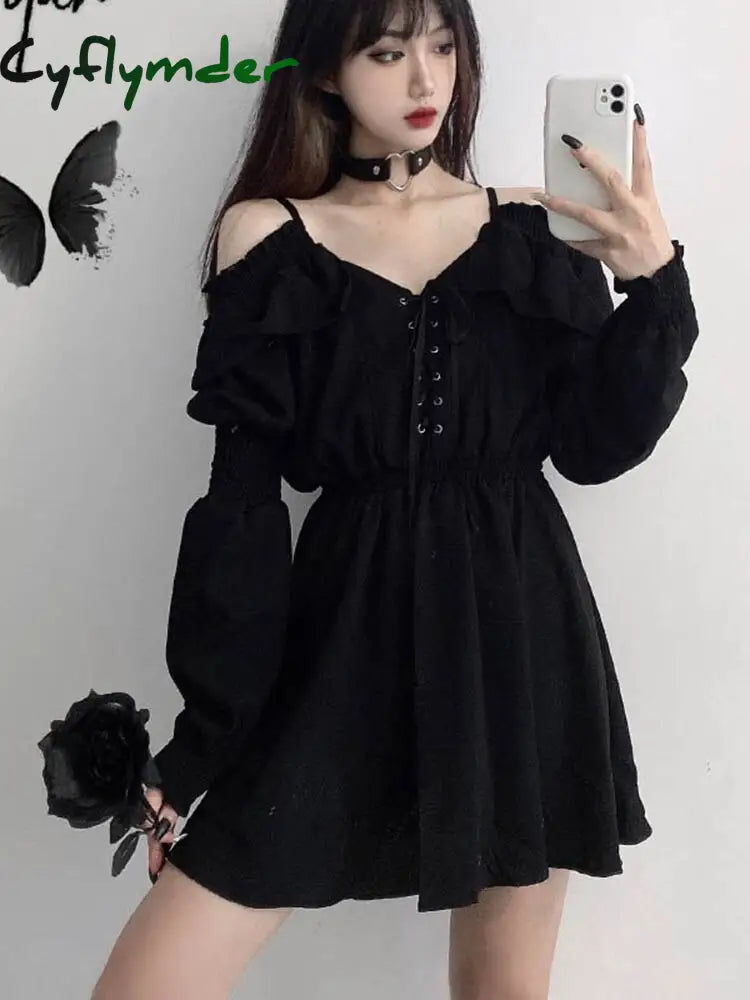 Cyflymder Large Size Gothic Women Black Mini Dress Sexy Off Shoulder High Waist Ladies Party Long