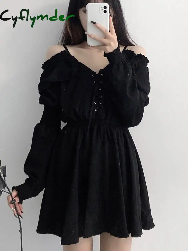 Cyflymder Large Size Gothic Women Black Mini Dress Sexy Off Shoulder High Waist Ladies Party Long