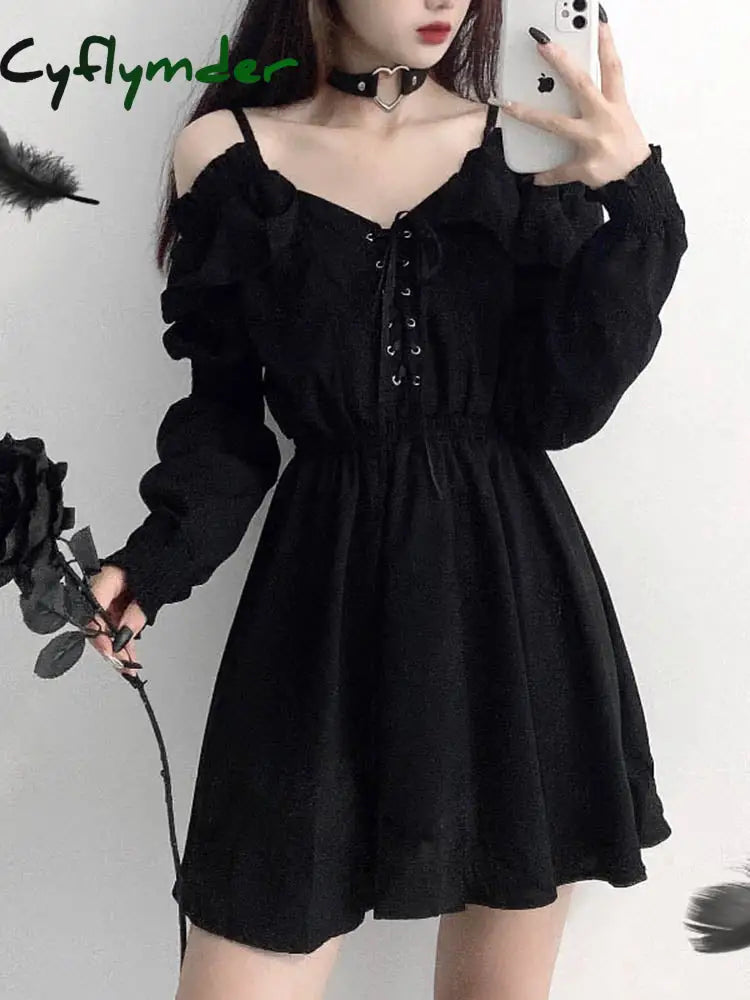 Cyflymder Large Size Gothic Women Black Mini Dress Sexy Off Shoulder High Waist Ladies Party Long