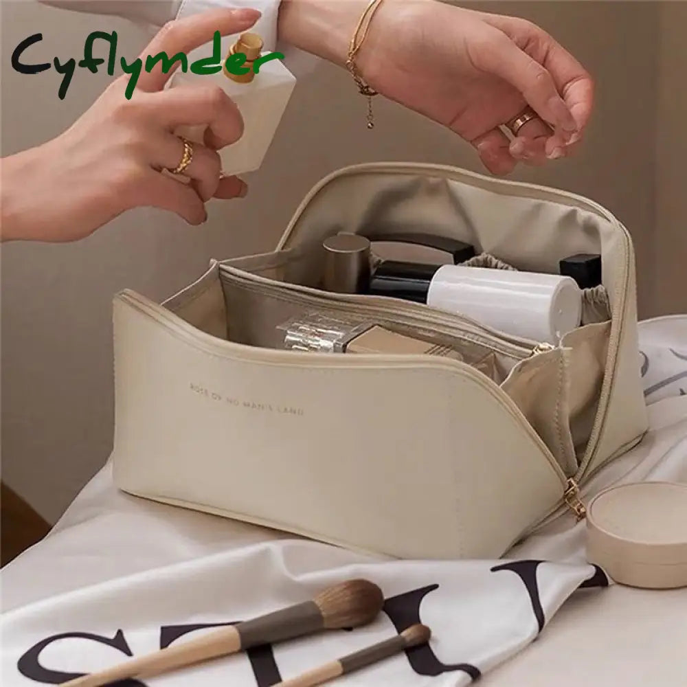 Cyflymder Large Travel Cosmetic Bag For Women Makeup Organizer Female Toiletry Bags Leather