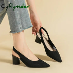 Cyflymder Large Women’s High Heel Sandals Fashion Stripes Soft and Breathable Knitted Round Thick Heel Shoes 2023 New