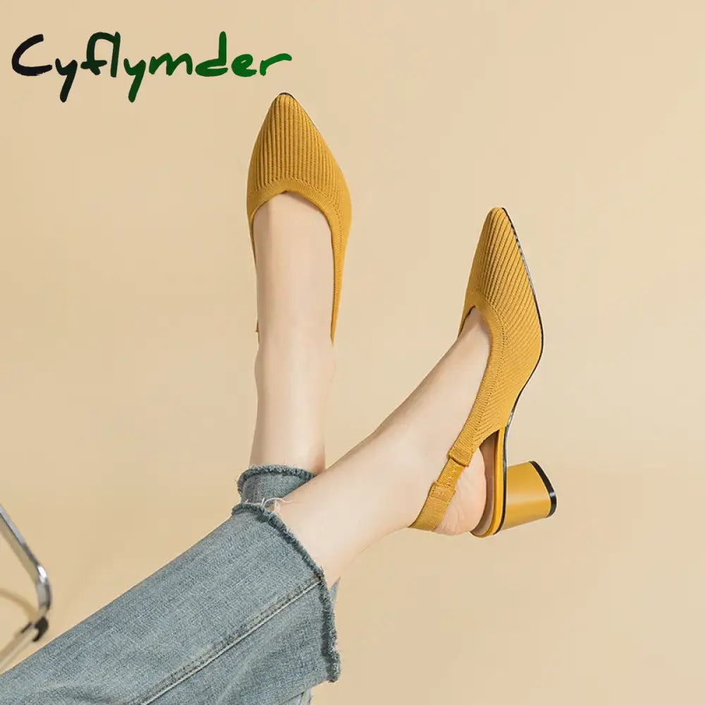 Cyflymder Large Women’s High Heel Sandals Fashion Stripes Soft and Breathable Knitted Round Thick Heel Shoes 2023 New