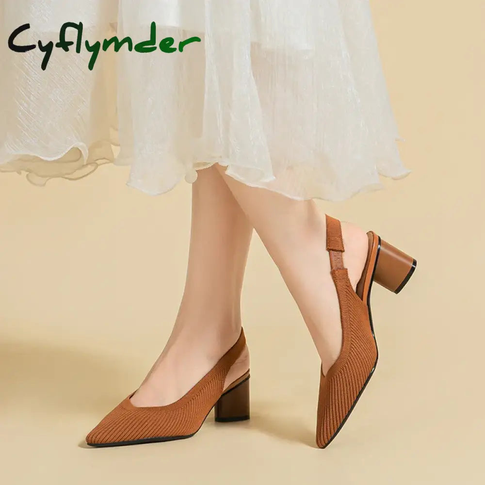 Cyflymder Large Women’s High Heel Sandals Fashion Stripes Soft and Breathable Knitted Round Thick Heel Shoes 2023 New