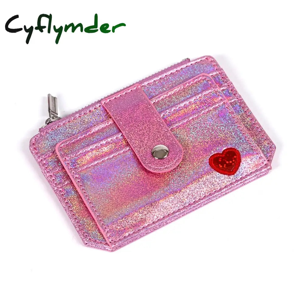 Cyflymder Laser Heart Embroidered Id Credit Card Holder Pu Leather Women Thin Wallet Zipper Hasp