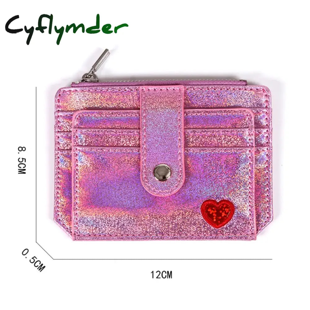 Cyflymder Laser Heart Embroidered Id Credit Card Holder Pu Leather Women Thin Wallet Zipper Hasp