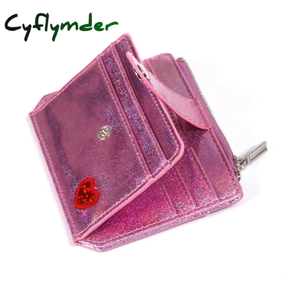 Cyflymder Laser Heart Embroidered Id Credit Card Holder Pu Leather Women Thin Wallet Zipper Hasp