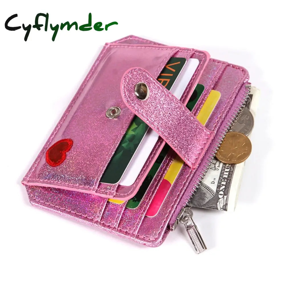 Cyflymder Laser Heart Embroidered Id Credit Card Holder Pu Leather Women Thin Wallet Zipper Hasp