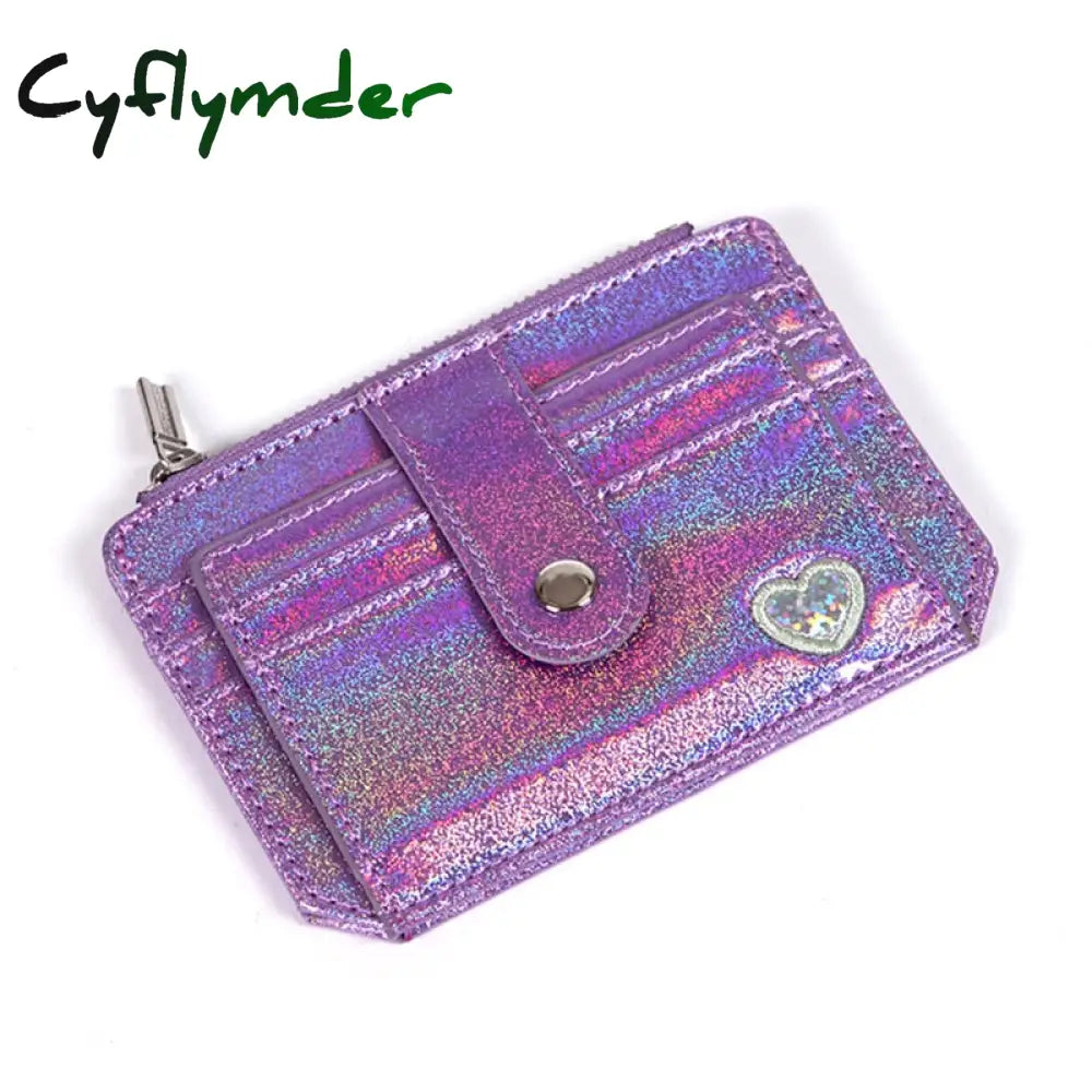 Cyflymder Laser Heart Embroidered Id Credit Card Holder Pu Leather Women Thin Wallet Zipper Hasp