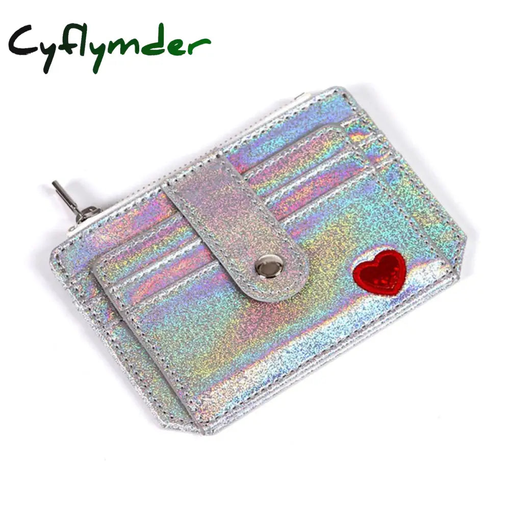 Cyflymder Laser Heart Embroidered Id Credit Card Holder Pu Leather Women Thin Wallet Zipper Hasp