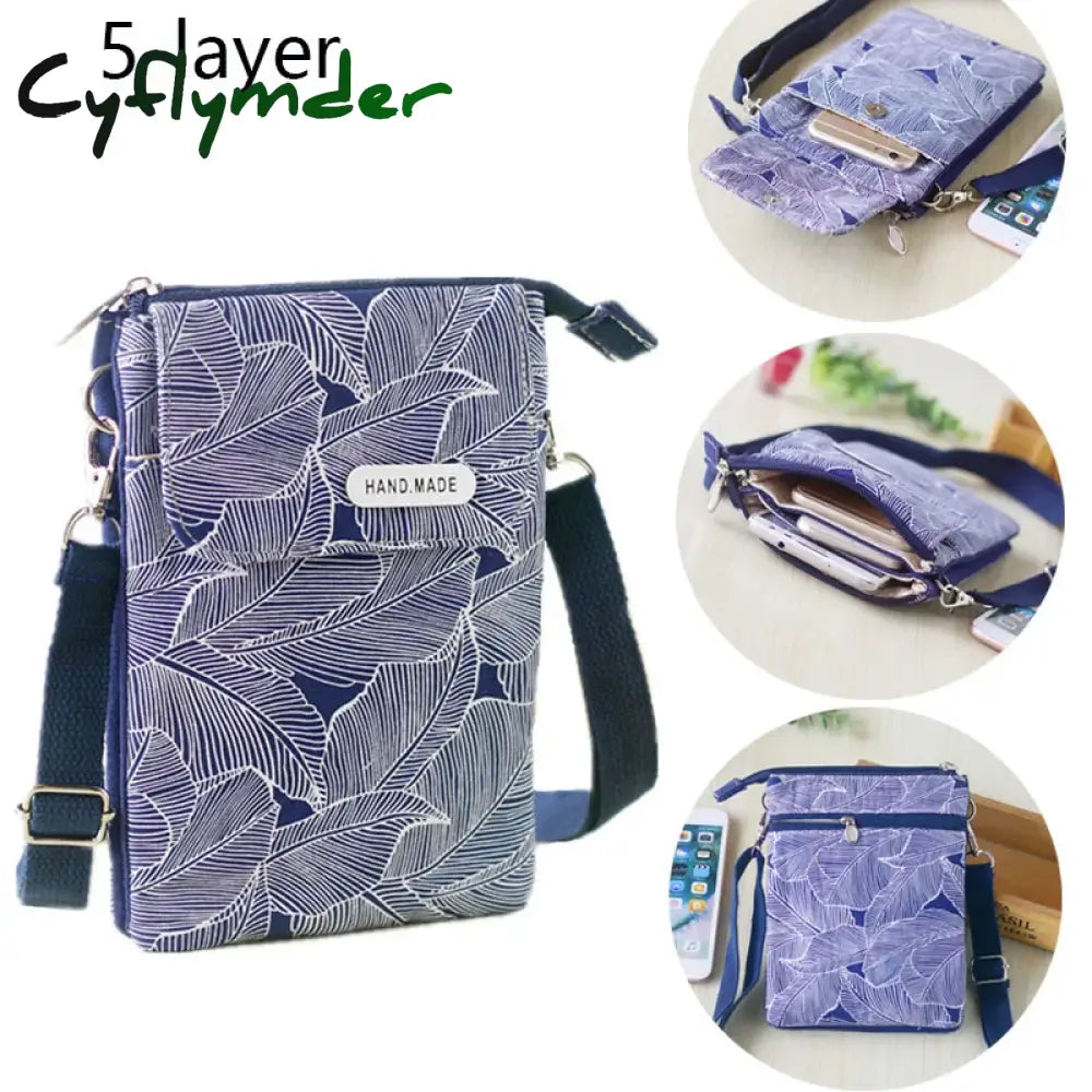 Cyflymder Leaf Fabric 5-Layer Messenger Mobile Phone Bag Case Shoulder Purse Pouch Handbag Wallet