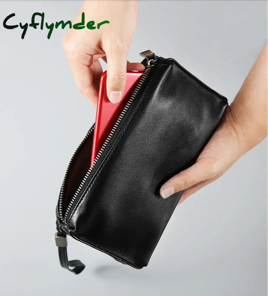 Cyflymder Leather Long Zipper Wallet Handbag Grab Bag Leather Casual Mens Retro Hand Black