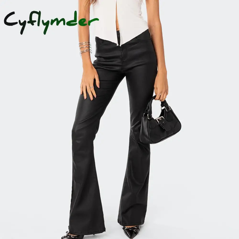 Cyflymder leather pants outfits winter Women Fashion PU Leather Pants Women Flare Long Pants Solid Color High Waist