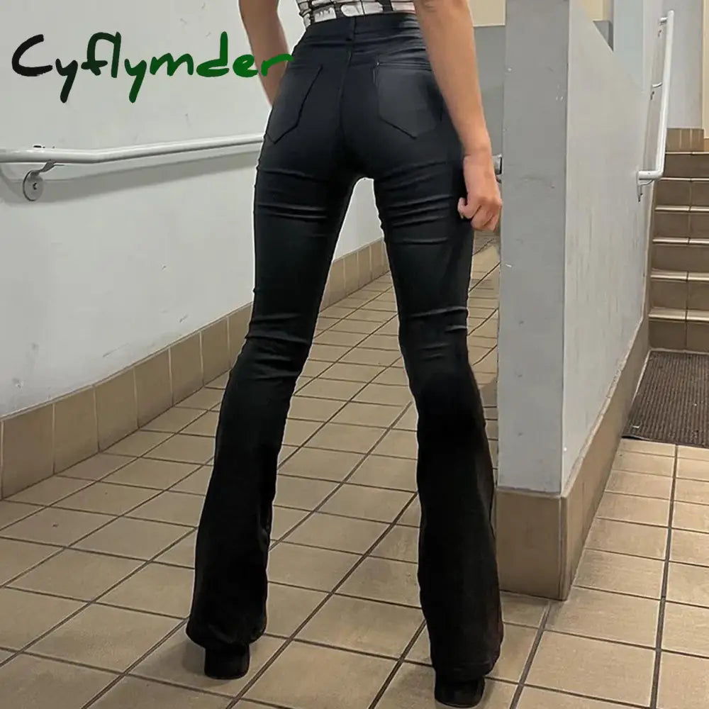 Cyflymder leather pants outfits winter Women Fashion PU Leather Pants Women Flare Long Pants Solid Color High Waist