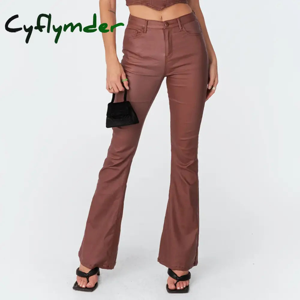 Cyflymder leather pants outfits winter Women Fashion PU Leather Pants Women Flare Long Pants Solid Color High Waist