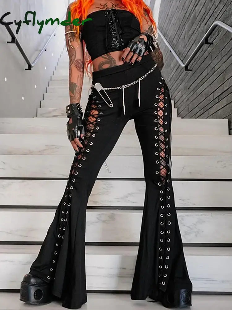 Cyflymder leather pants outfits winter Women’s Gothic Pants Spring New Dark Wind Street Fashion Trend Cock-eye Tie