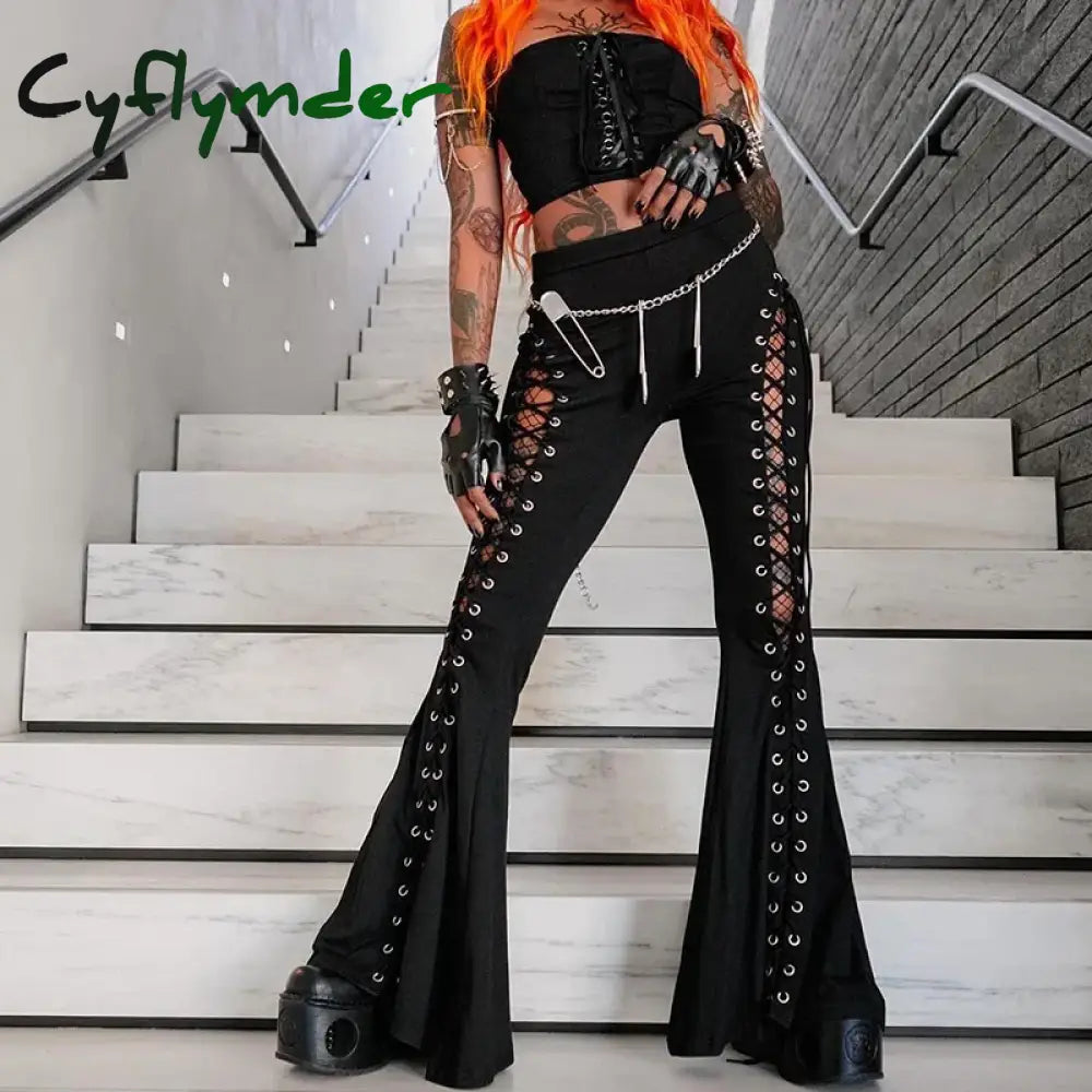 Cyflymder leather pants outfits winter Women’s Gothic Pants Spring New Dark Wind Street Fashion Trend Cock-eye Tie